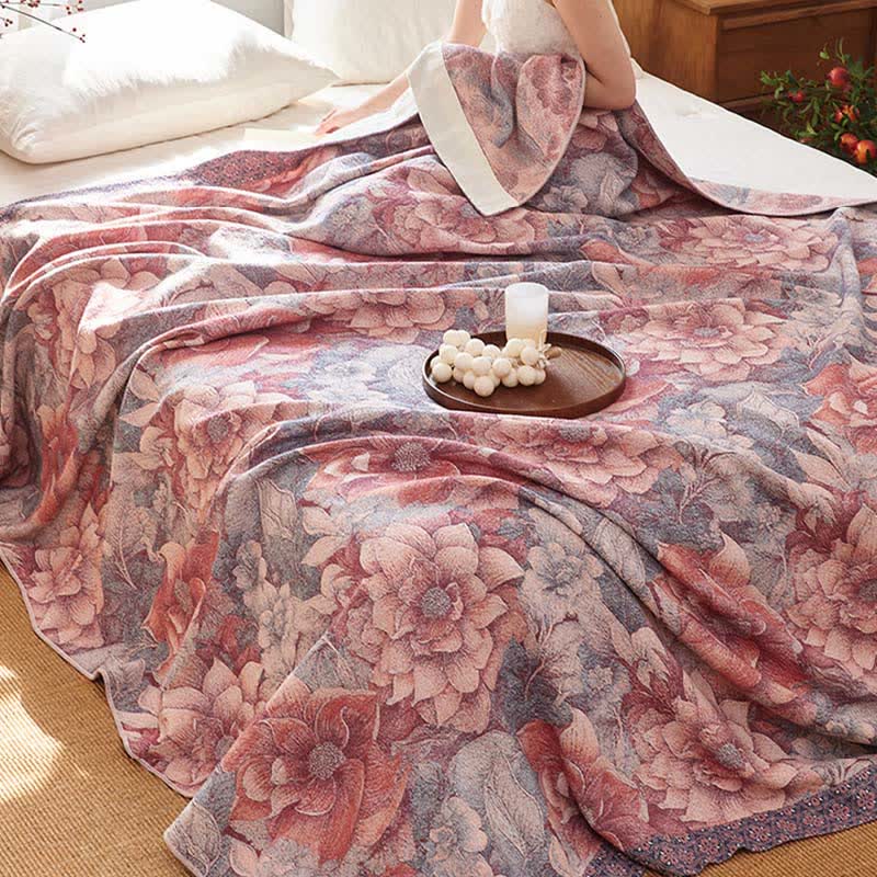 Luxurious Pink Floral Cotton Quilt Blanket