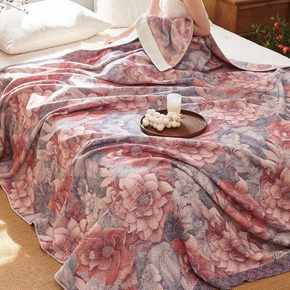 Luxurious Pink Floral Cotton Quilt Blanket