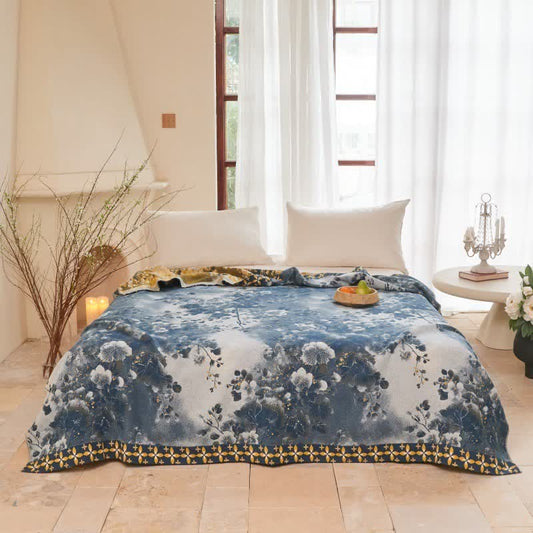Blue Watercolor Floral Cotton Muslin Quilt