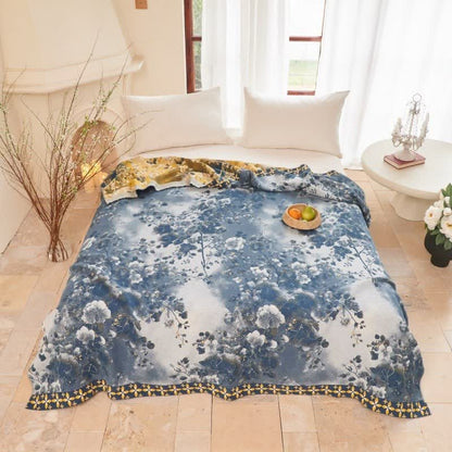 Blue Watercolor Floral Cotton Muslin Quilt