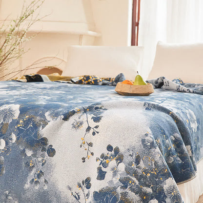 Blue Watercolor Floral Cotton Muslin Quilt