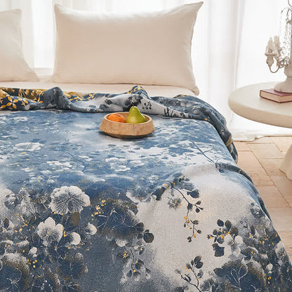 Blue Watercolor Floral Cotton Muslin Quilt