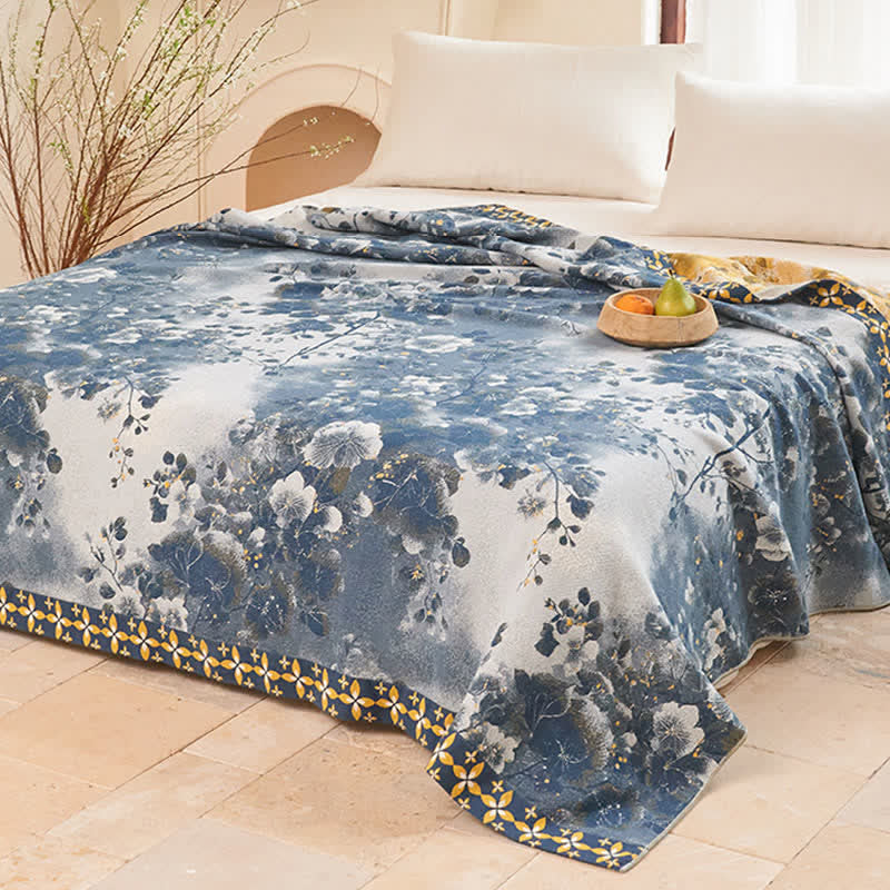 Blue Watercolor Floral Cotton Muslin Quilt