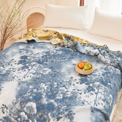 Blue Watercolor Floral Cotton Muslin Quilt