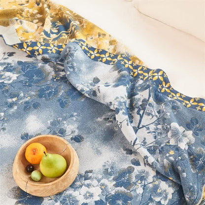 Blue Watercolor Floral Cotton Muslin Quilt