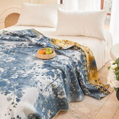 Blue Watercolor Floral Cotton Muslin Quilt