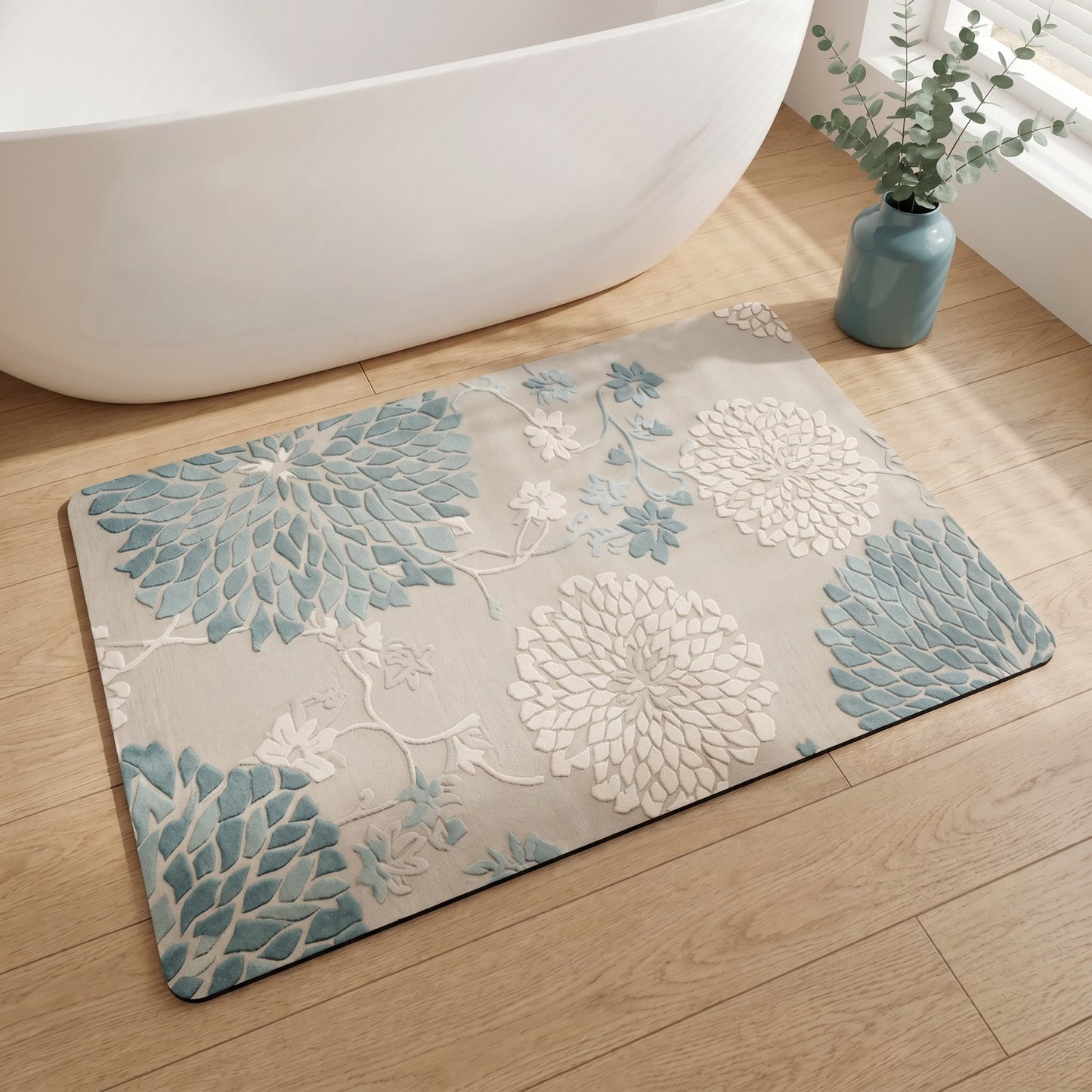 Blue Vintage Floral Non-Slip Bathroom Rug