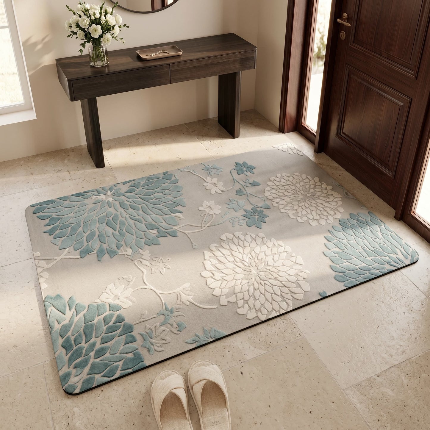 Blue Vintage Floral Non-Slip Bathroom Rug