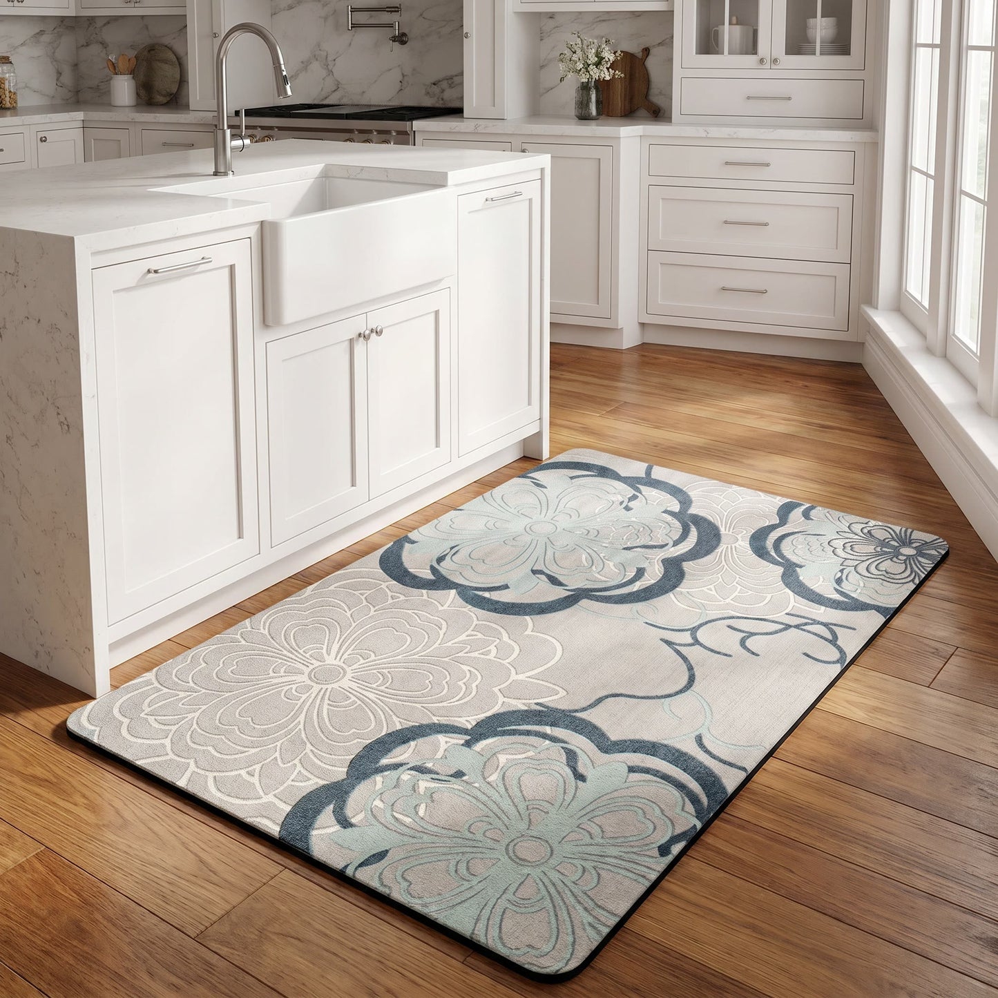 Soft Blue Filigree Floral Bathroom Rug