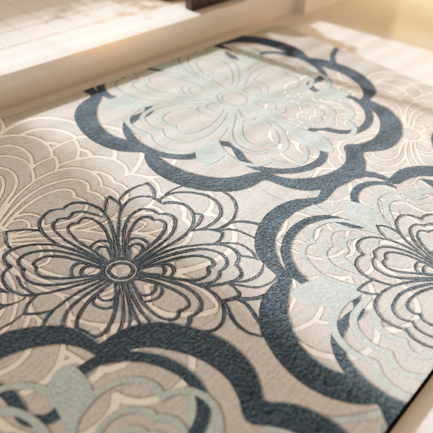 Soft Blue Filigree Floral Bathroom Rug