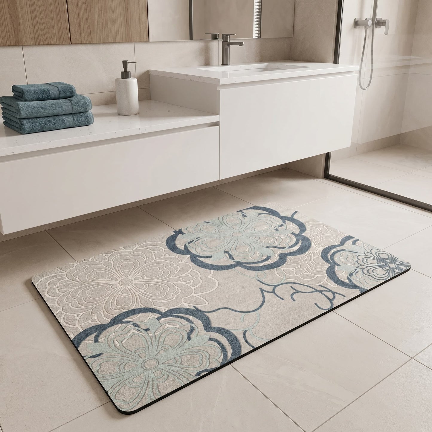 Soft Blue Filigree Floral Bathroom Rug