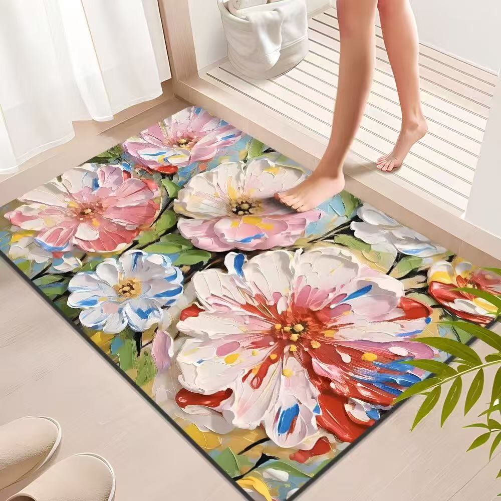 Vibrant Oil Painting Floral Bathroom Rug