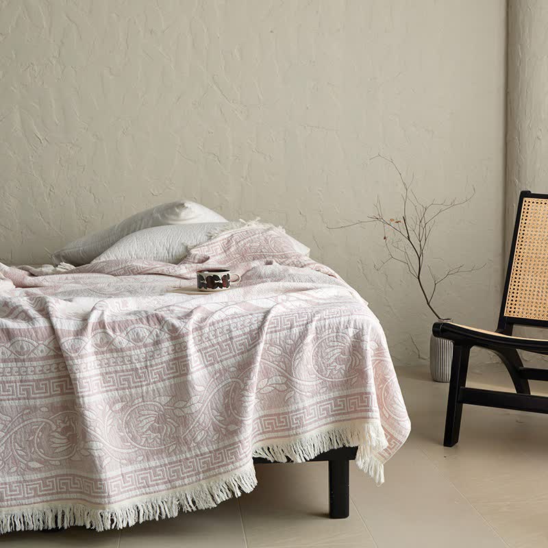 Pink Floral Scrollwork Pattern Cotton Blanket