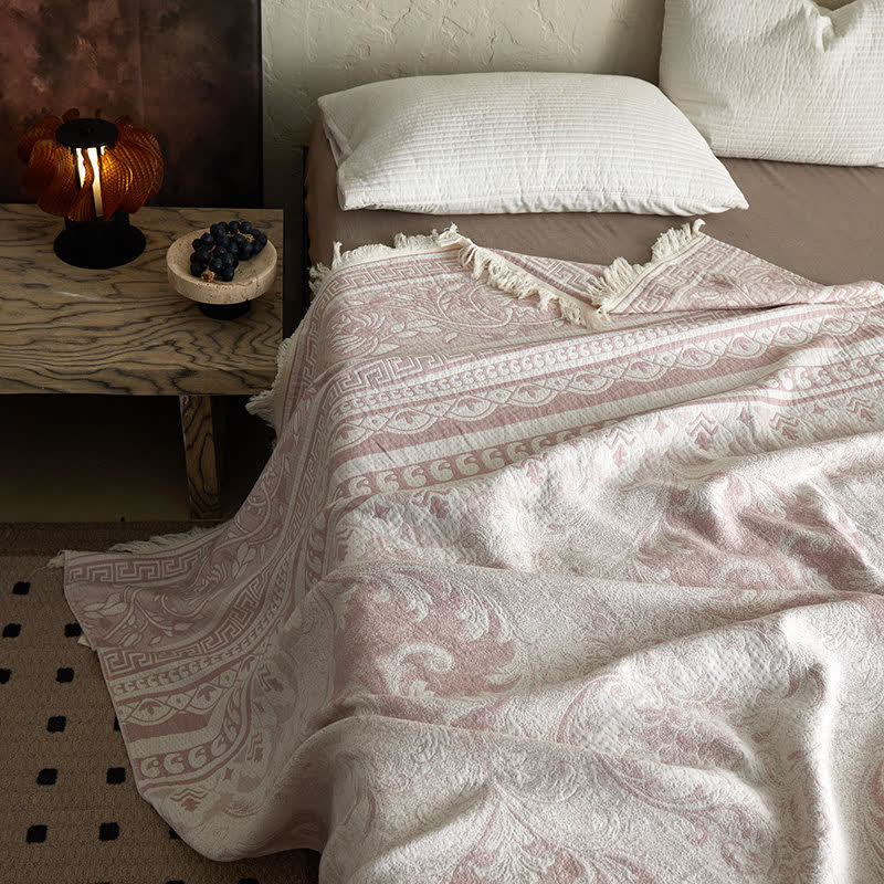Pink Floral Scrollwork Pattern Cotton Blanket