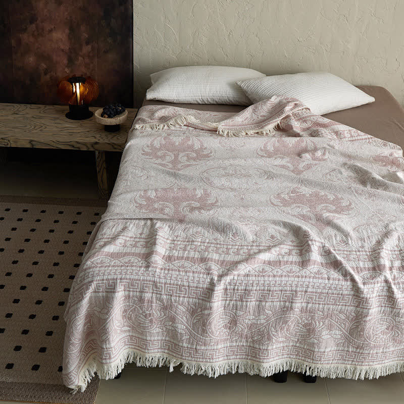 Pink Floral Scrollwork Pattern Cotton Blanket