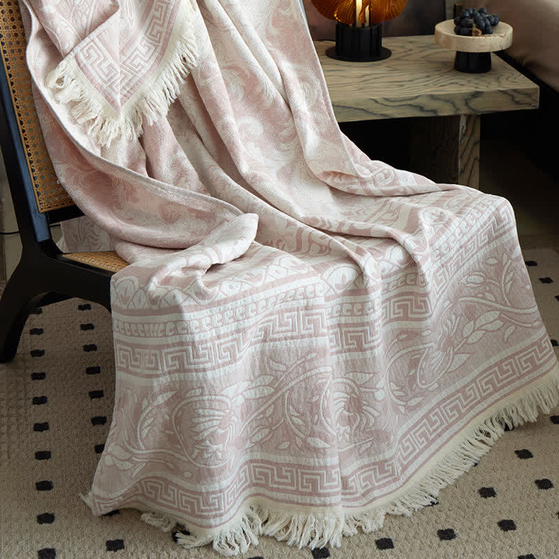 Pink Floral Scrollwork Pattern Cotton Blanket