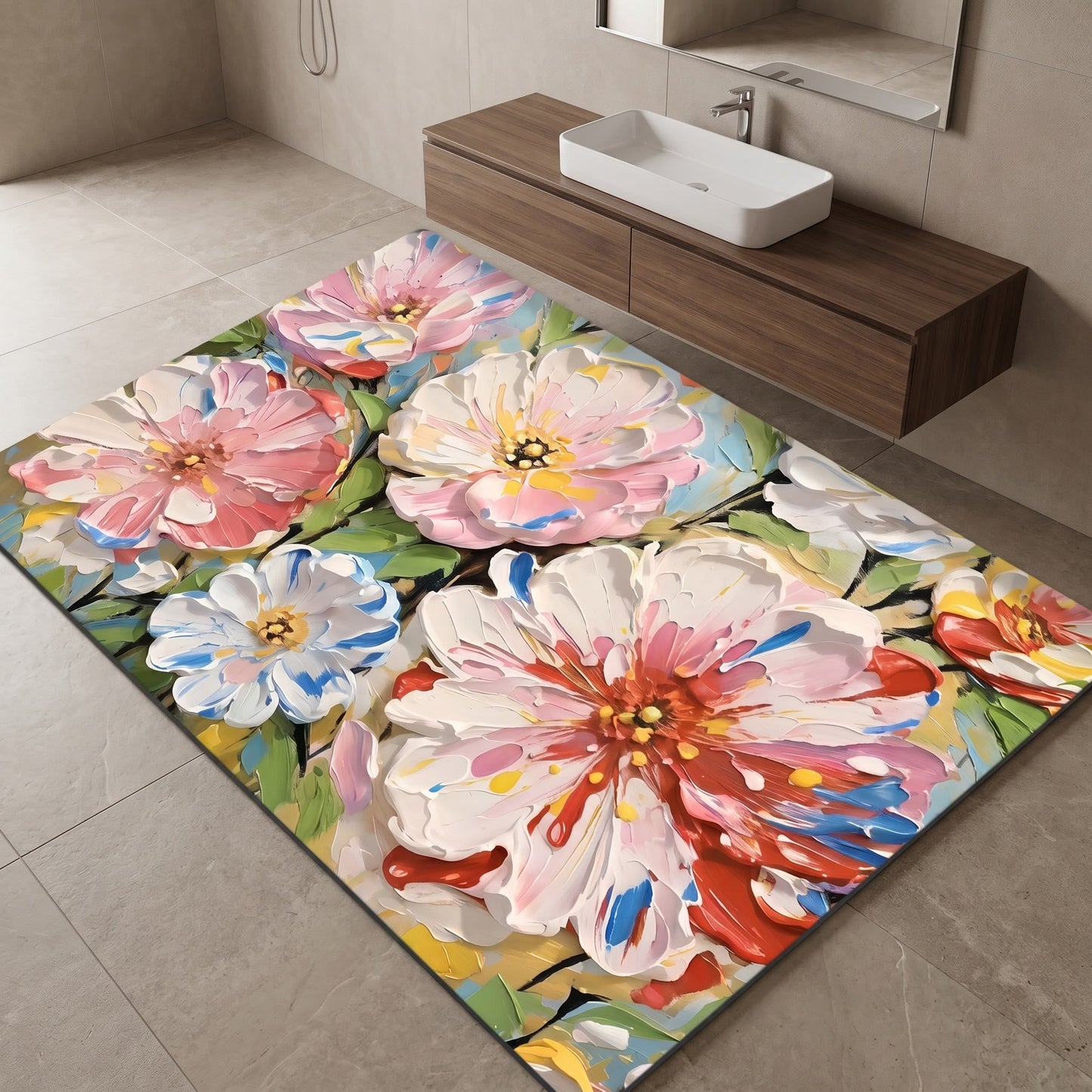 Vibrant Oil Painting Floral Bathroom Rug
