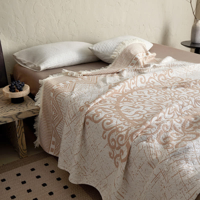 Tribal Geometric Cotton Gauze Tassel Blanket