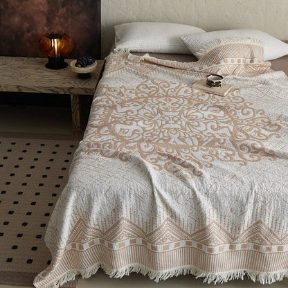 Tribal Geometric Cotton Gauze Tassel Blanket