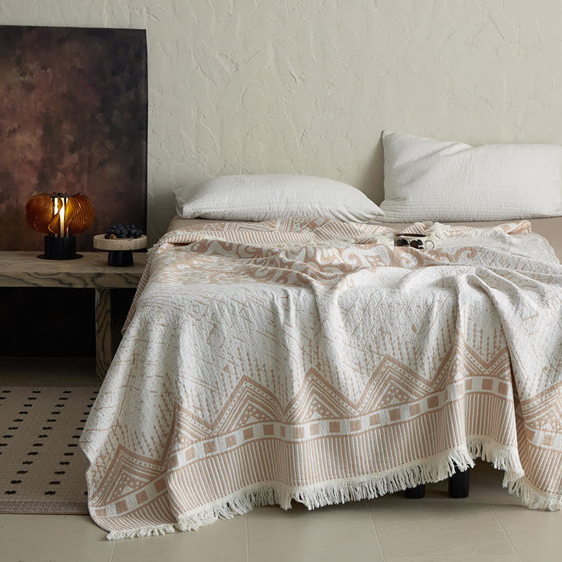 Tribal Geometric Cotton Gauze Tassel Blanket