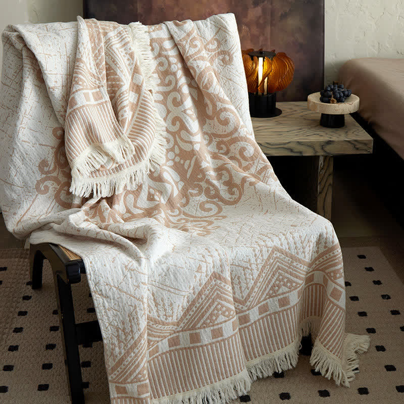 Tribal Geometric Cotton Gauze Tassel Blanket