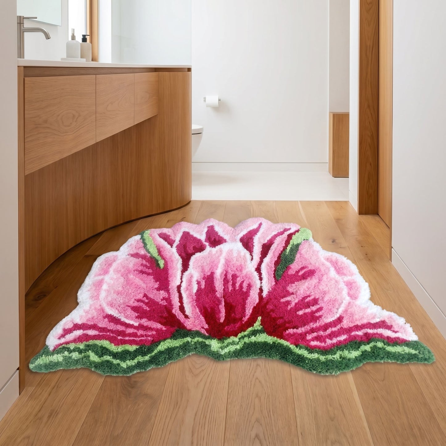 Pink Tulip Shaped Plush Bathroom Rug