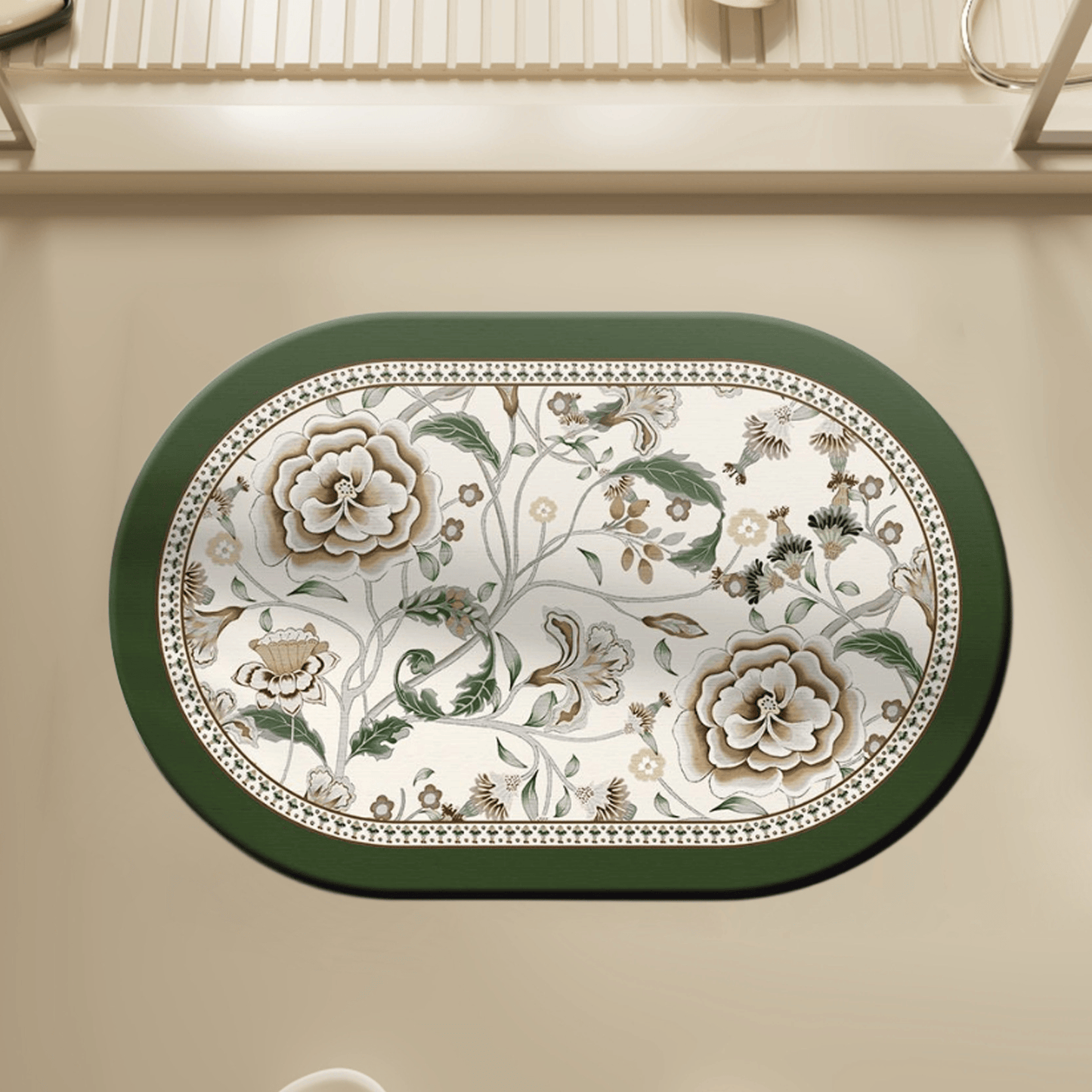 Oval Vintage Botanical Floral Bathroom Rug