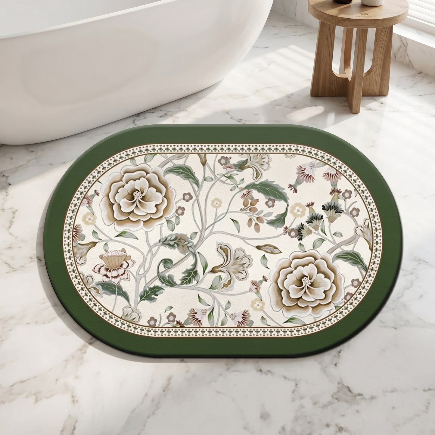 Oval Vintage Botanical Floral Bathroom Rug