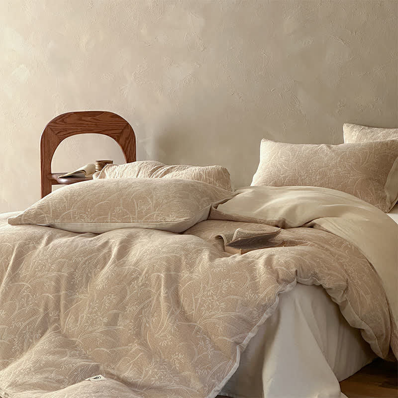 Beige Botanical Jacquard Cotton Bedding Set