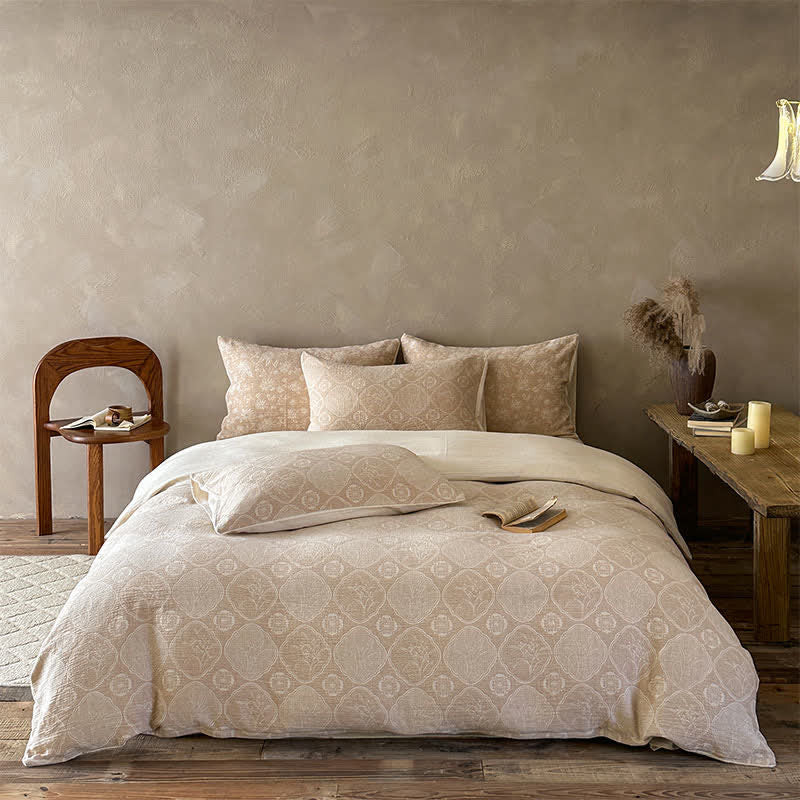 Camel Geometric Floral Jacquard Cotton Bedding Set