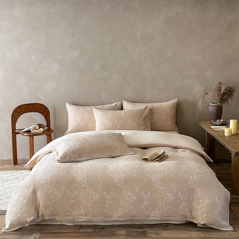 Camel Botanical Blossom Jacquard Cotton Bedding Set