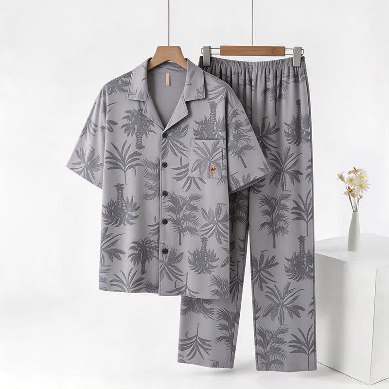 Cotton Tropical Palm Button Loungewear Set