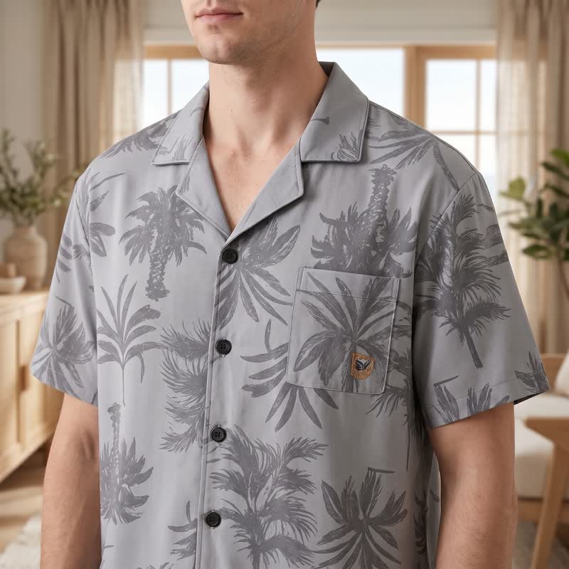 Cotton Tropical Palm Button Loungewear Set