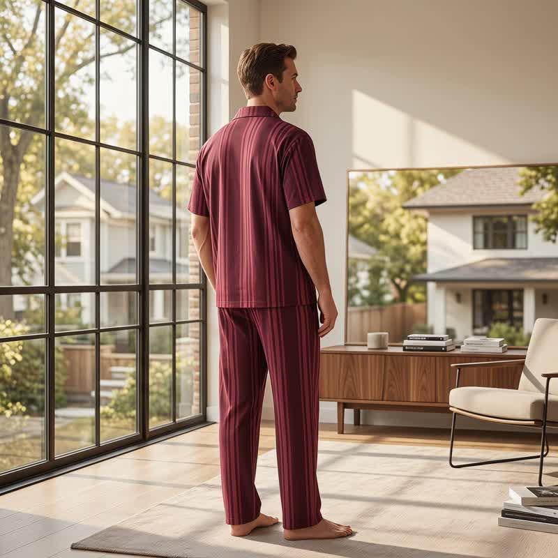 Cotton Burgundy Vertical Stripe Loungewear Set
