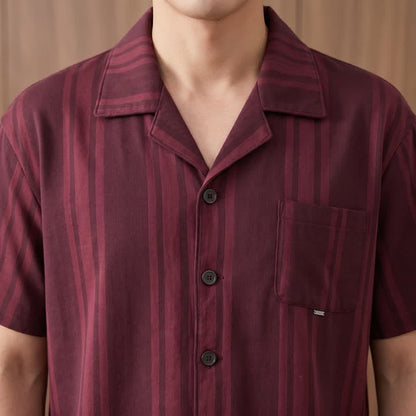 Cotton Burgundy Vertical Stripe Loungewear Set