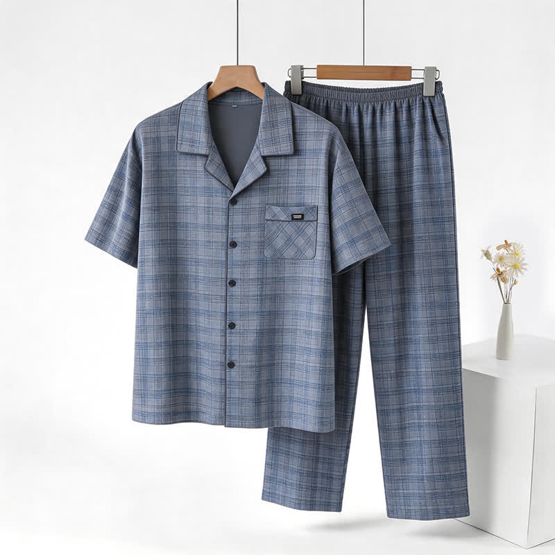 Cotton Blue-Gray Plaid Button Loungewear Set