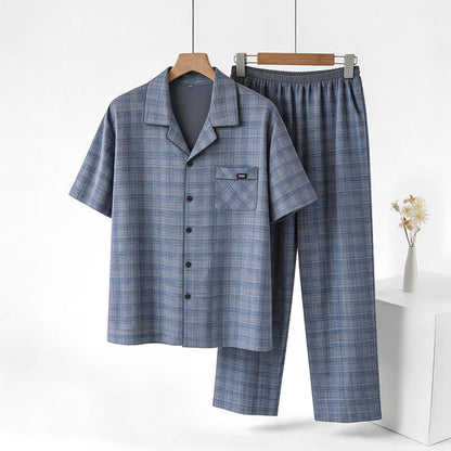 Cotton Blue-Gray Plaid Button Loungewear Set