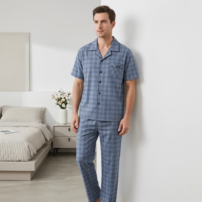 Cotton Blue-Gray Plaid Button Loungewear Set