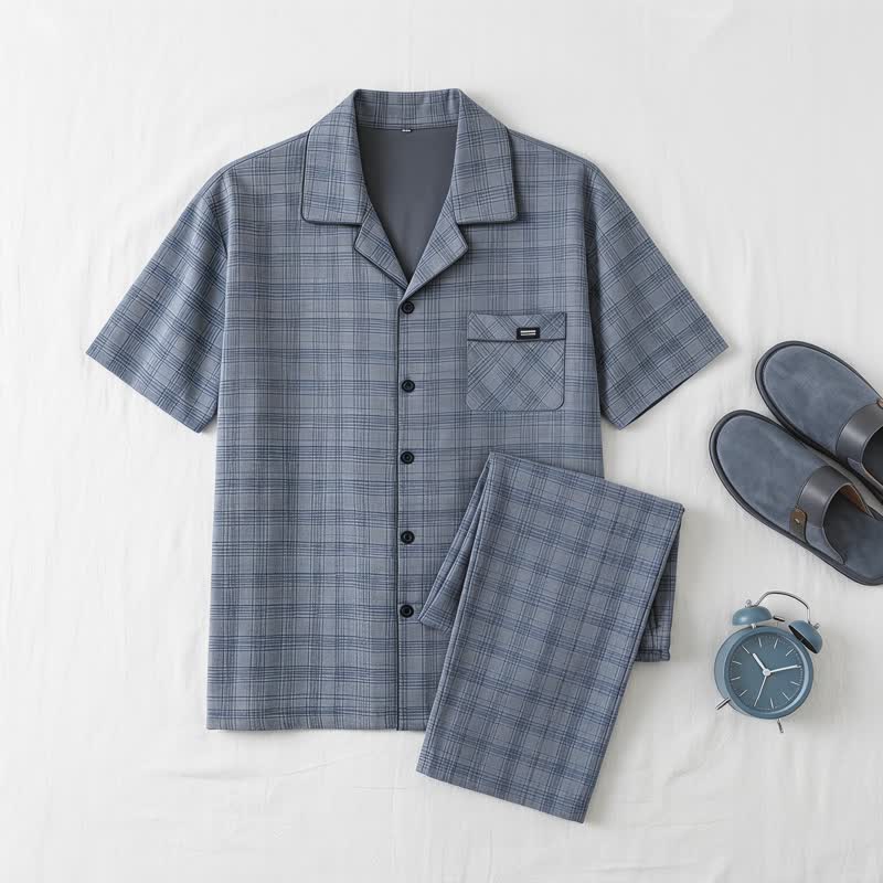 Cotton Blue-Gray Plaid Button Loungewear Set