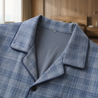 Cotton Blue-Gray Plaid Button Loungewear Set