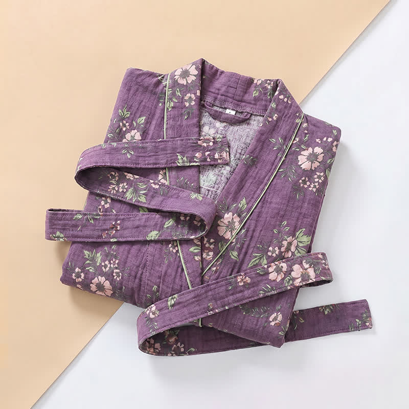 Cotton Vintage Purple Floral Kimono Robe