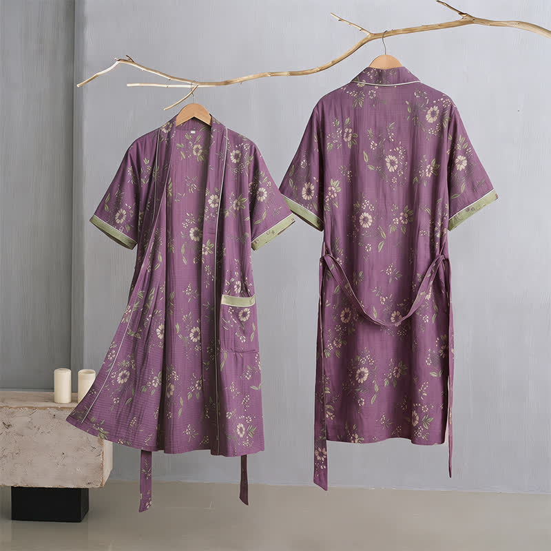 Cotton Vintage Purple Floral Kimono Robe