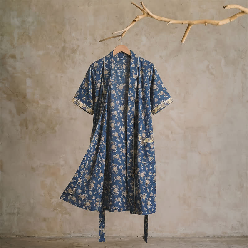 Indigo Blue Vintage Floral Kimono Robe
