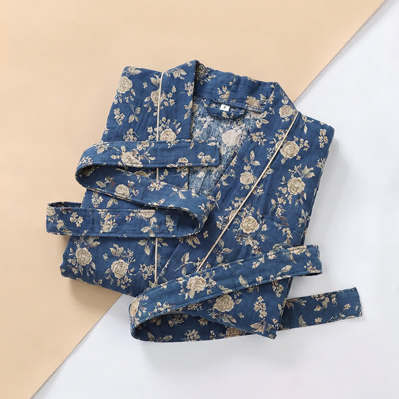 Indigo Blue Vintage Floral Kimono Robe