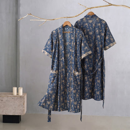 Indigo Blue Vintage Floral Kimono Robe