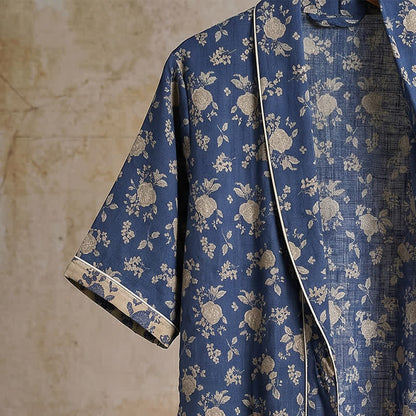 Indigo Blue Vintage Floral Kimono Robe