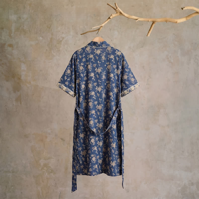 Indigo Blue Vintage Floral Kimono Robe