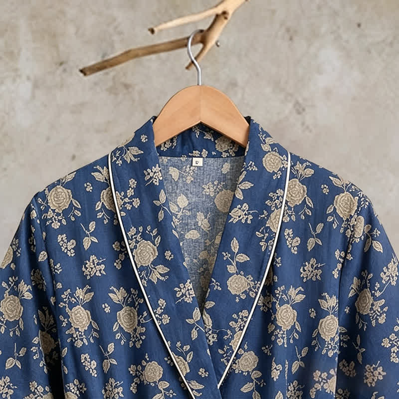 Indigo Blue Vintage Floral Kimono Robe