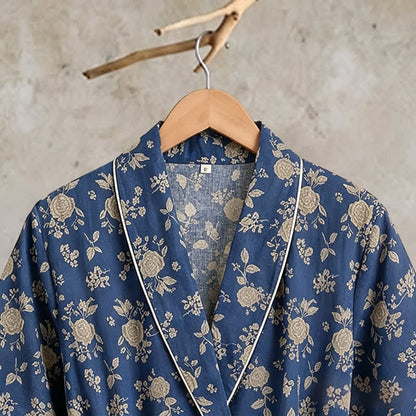 Indigo Blue Vintage Floral Kimono Robe