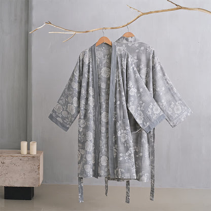 Cotton Dusty Blue Rose Print Kimono Robe